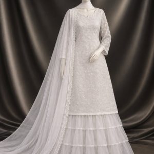 White & Black Net Embroidered Sharara Suit.