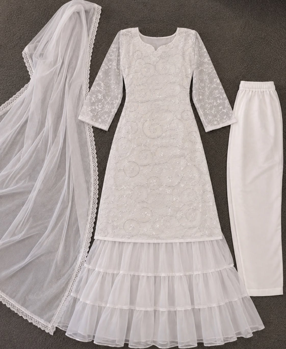 White & Black Net Embroidered Sharara Suit. - Image 3