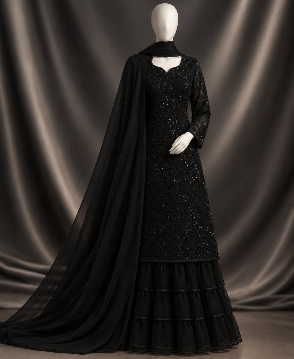 White & Black Net Embroidered Sharara Suit. - Image 4