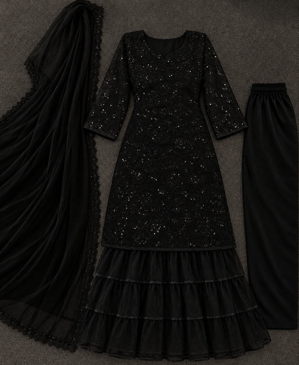 White & Black Net Embroidered Sharara Suit. - Image 5